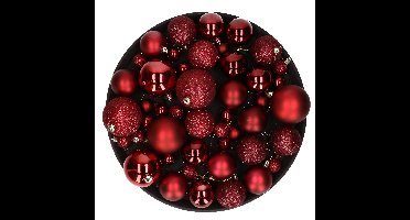Kerstversiering set kerstballen donkerrood 6 - 8 - 10 cm - pakket van 46x stuks