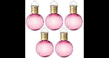 Lumineo Solar lampion voor buiten - 5x - LED - roze - 11 cm - buitenverlichting
