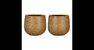 Mica Decorations Bloempot - 2x - okergeel - relief - keramiek - 21 cm