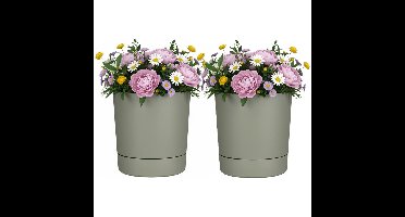 Mica Decorations Bloempot - 2x - olijfgroen - H34 x D33 cm - kunststof