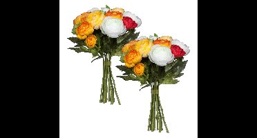 Mica Decorations Ranunculus/ranonkel boeket - 2x - oranje/rood - 22 cm