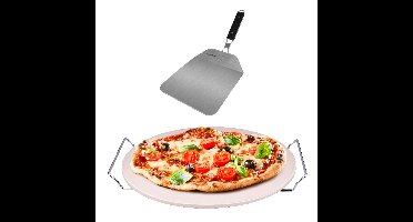 Pizzasteen BBQ/oven rond keramiek 33 cm met handvaten en inklapbare RVS pizzaschep 25 cm
