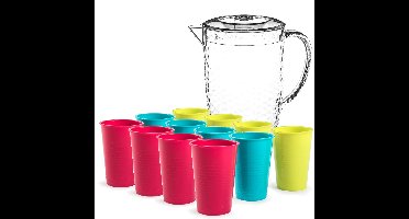 Sapkan/schenkkan karaf met deksel 2 liter set met 12x kunststof drinkglazen 360 ml