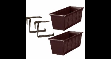 Set van 3 kunststof plantenbakken bruin rechthoekig 40 cm met 6 verstelbare railing beugels
