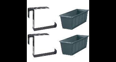 Set van 3 kunststof plantenbakken grijs rechthoekig 40 cm met 6 verstelbare railing beugels