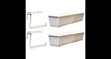 Set van 3 kunststof plantenbakken wit rechthoekig 80 cm met 6 verstelbare railing beugels