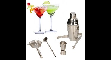 Set van 4x Margarita cocktailglazen met complete 5-delige cocktailshaker set RVS
