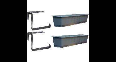 Set van 5 kunststof plantenbakken grijs rechthoekig 80 cm met 10 verstelbare railing beugels