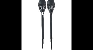 Solar tuinlamp fakkels - 2x - met vlam effect - zwart - 48 cm - op steker