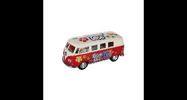 VW model T1 auto busje - hippie style - rood - 12 cm - terugtrek motor