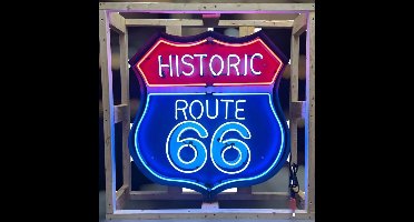 Historic Route 66 Neon Verlichting XL in Metalen Bak 89 x 89 cm - Rood, Blauw, Wit