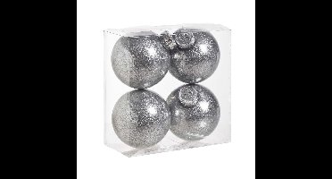 4x stuks kunststof kerstballen met glitter afwerking zilver 8 cm