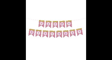 Happy Birthday thema feestslinger - verjaardag - roze/goud - 300 cm - papier