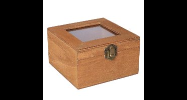 Houten opbergkistje met deksel - bruin - 12 x 12 x 8 cm - Sieraden/spulletjes/sleutels