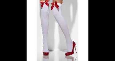 Kerst en Carnaval Kniekousen - dames - wit met rode strik - verkleed kousen