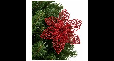 Kerstboomversiering Kerstster - 17 cm - rood glitter - op clip