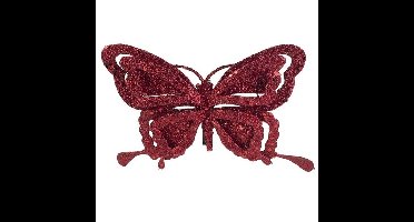 Kerstboomversiering - vlinder op clip - bordeaux rood - glitter - kunststof - 14 cm