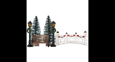 Kerstdorp accessoires - brug, boompjes, lantaarns - miniatuur figuurtjes