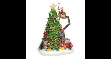 Kerstdorp kerstboom en kerstman - 27 led - muziek en beweging - 39 cm - lichtgevend - polyresin