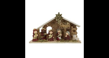 Kerststal voor kinderen - met beeldjes en licht - 28 x 10 x 17 cm - hout/polyresin - kinderkamer