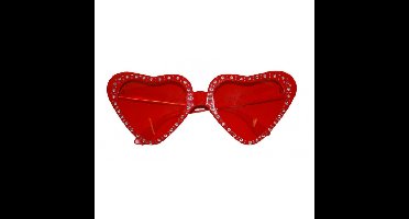 Funny Fashion hartjes zonnebril - rood - met glitters - 14 x 5 cm - dames - valentijnsdag - liefde