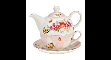 3-delige set theepotten, rozen met vlinderdecor, van gekleurd porselein (B/H/D) 15x16x15 cm 400 ml/250 ml