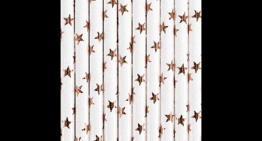 Drinkrietjes - papier - 10x - wit/rose goud sterren - 19,5 cm - rietjes