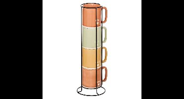 Koffiemokken Earth - 4x stuks in metalen rekje - Keramiek - glans afwerking - 340 ml - 7 x 9 cm