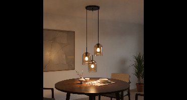 Lyora HanglampVelor 3-lichts zwart met amber glas rond - 110656