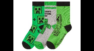 Peuter/Kindersokken, 3 paar Minecraft. (groen/grijs, 27-30)