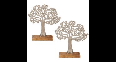 2x Stuks decoratie levensboom van aluminium op houten voet 33 cm zilver