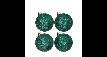 4x stuks kunststof glitter kerstballen petrol groen 10 cm