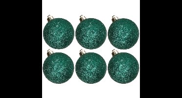 6x stuks kunststof glitter kerstballen petrol groen 8 cm