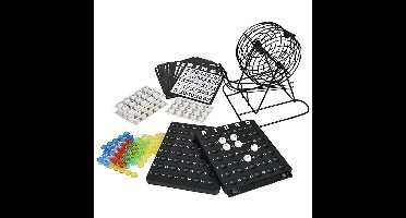 Bingo spel zwart/wit complete set 21 cm nummers 1-90 met molen/140x bingokaarten/2x stiften