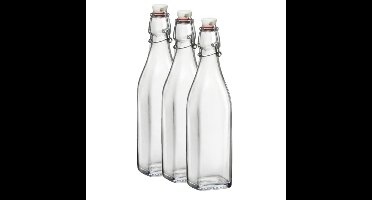 Bormioli Rocco beugelfles/weckfles - 3x - 1 liter - glas - vierkant - water/olie/azijn/sapjes