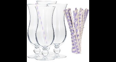 Cocktail set van 4x cocktail glazen en 100x rietjes - 440 ml - lila/paars