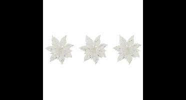 Decoratie bloem - 8x stuks - kerstster - op clip - wit - glitter -15 cm - kunststof - kerstversierin