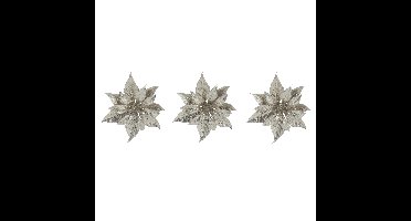 Decoratie bloem kerststerren - 6x stuks - champagne glitter - op clip - 18 cm - kerstboomversiering