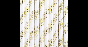 Drinkrietjes - papier - 20x - wit/goud bloemen - 19,5 cm - rietjes