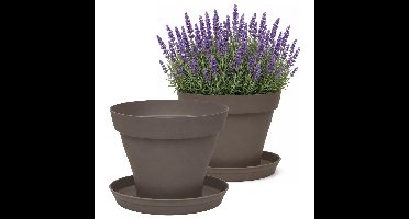 EDA Romeo Bloempot en onderschaal - 2x - D25 x H20 cm - taupe - kunststof - binnen en buiten