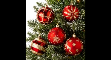 Feeric Christmas Kerstballen - 50x st - rood - goud - D6 cm - kunststof - kerstversiering