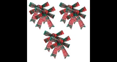 Feeric Christmas kerststrikjes - 12x - rood - groen geblokt - 14 cm - polyester - strikjes