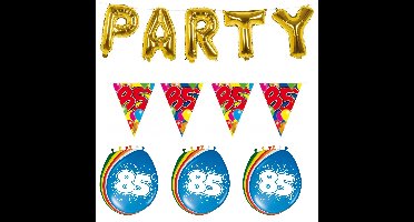 Folat Verjaardag feestversiering 85 jaar - PARTY letters - 16x ballonnen - met 2x plastic vlaggetjes