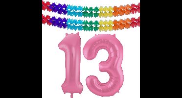 Folat Verjaardag Leeftijd folieballon - 13 jaar - roze - 86 cm - incl 2x slingers