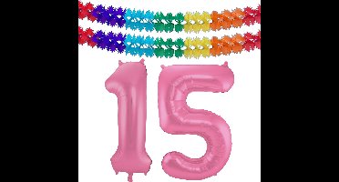 Folat Verjaardag Leeftijd folieballon - 15 jaar - roze - 86 cm - incl 2x slingers