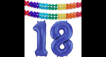 Folat Verjaardag Leeftijd folieballon - 18 jaar - blauw - 86 cm - incl 2x slingers