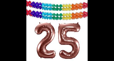 Folat Verjaardag Leeftijd folieballon - 25 jaar - ros? goud - 86 cm - incl 2x slingers