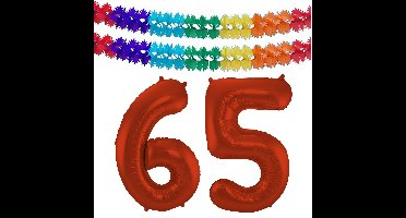 Folat Verjaardag Leeftijd folieballon - 65 jaar - rood - 86 cm - incl 2x slingers