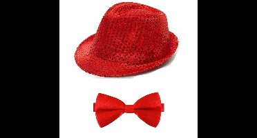 Folat Verkleedkleding set - Glitter hoed en strikje - rood - voor volwassenen - carnaval - verkleden