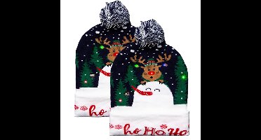Foute muts - 2x - groen - met LED verlichting - Ho Ho Ho - volwassenen - kerstmuts